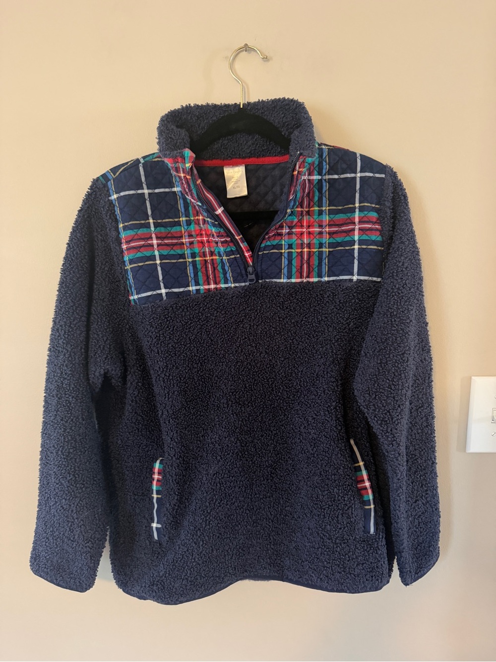 Vera Bradley Navy Sherpa Pullover with Plaid Yoke